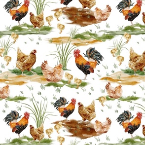 Large - Enchanting Watercolor Artistry: Farmyard Scenes Evoked Through Hand-Painted Patterns Featuring Chicken And Rooster, and Rural Life on white background