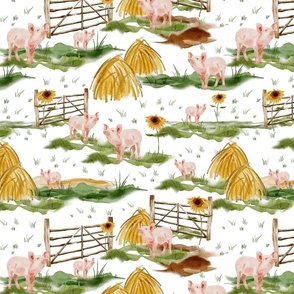 Large - Enchanting Watercolor Artistry: Farmyard Scenes Evoked Through Hand-Painted Patterns Featuring  pigs and piglets, in a green wildflowers meadow -  Rural Life on white background