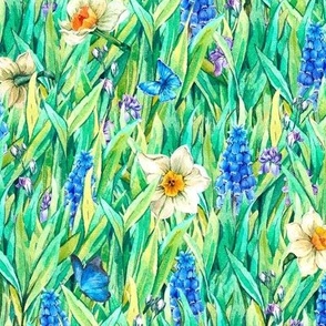 Watercolor green grass and spring flowers