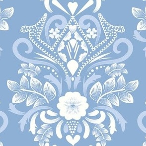 L| Modern Light Blue and white Floral Damask on baby blue 