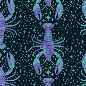 Celestial Lobsters in Purple and Turquoise Blue on Dark Large