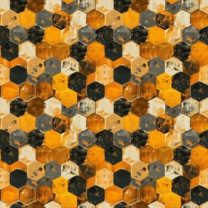 Golden Noir Hex Art - Modern Geometric Fabric Design