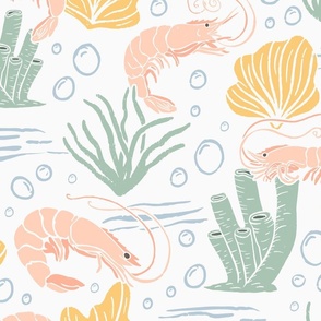 Bright Coral, Yellow and Green Shrimp Ocean Fabric - XL