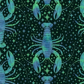 Celestial Lobsters in Blue and Green Neon on Dark