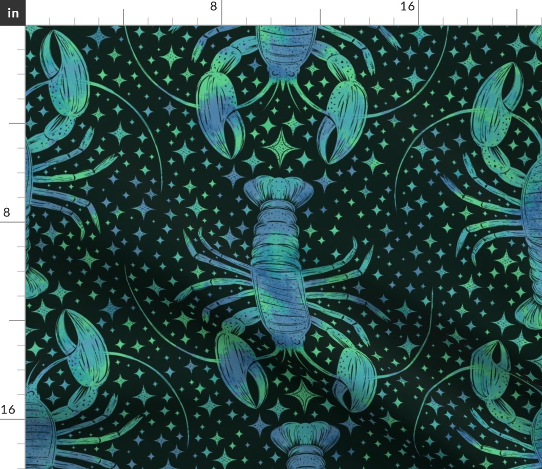 Celestial Lobsters in Blue and Green Neon on Dark