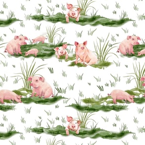 Large- - Enchanting Watercolor Artistry: Farmyard Scenes Evoked Through Hand-Painted Patterns Featuring cute pigs and piglets, in a green wildflowers meadow -  Rural Life on white background