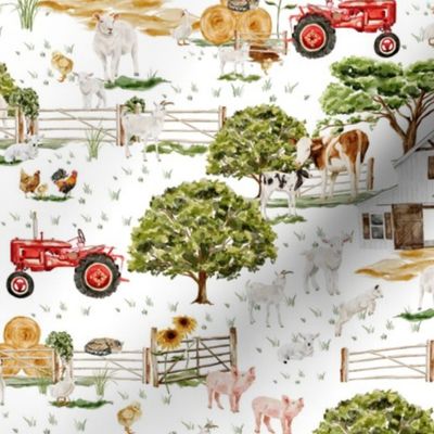 Small - Captivating Watercolor: Rustic Farm Life Depicted Through Hand-Painted Colorful Animals, As Cow And Calf, Goats, Chicken, Pigs and Barns on white
