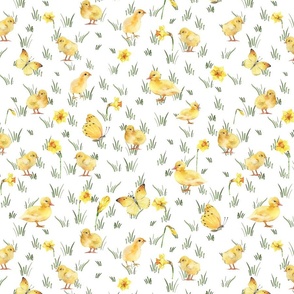 Large- Enchanting Watercolor Artistry: Farmyard Scenes Evoked Through Hand-Painted Patterns Featuring Chicks, Ducks Butterflies Yellow Flowers and Rural Life on white background