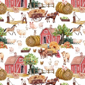 Large- Captivating Watercolor: Rustic Farm Life Depicted Through Hand-Painted Colorful Animals, As horse , Goats, Chicken, cow, Pigs, Barns and farmers on white