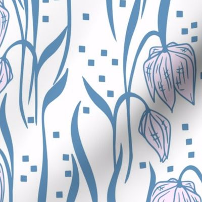 Fritillary flower, snakes head fritillary, trailing floral and dots in denim blue and soft pink, large scale