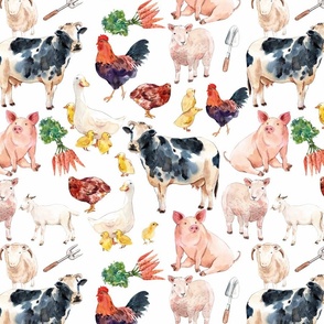 Large - Enchanting Watercolor Artistry: Farmyard Scenes Evoked Through Hand-Painted Patterns Featuring Chickens, Hens, rooster, Chicks, Cow, Lamb, Goat, Carrots, and Rural Life on white background