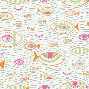 Decorative Evil Eye, Fishes  and Whispering Tide in cheerful hot pink, Orange and Kelly green