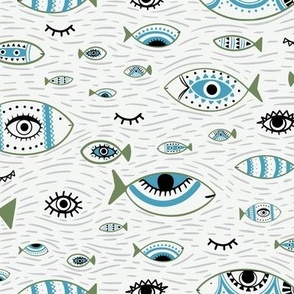 Decorative Evil Eye, Fishes  and Whispering Tide in Olive green, Verdigris blue and Black