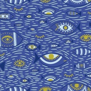 Decorative Evil Eye, Fishes  and Whispering Tide in Navy Blue, Olive green and Baby Blue