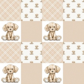 Smaller Patchwork Vintage Puppy Dog Nursery in Soft Neutral Tan Cheater Quilt Blanket 3 Inch Squares