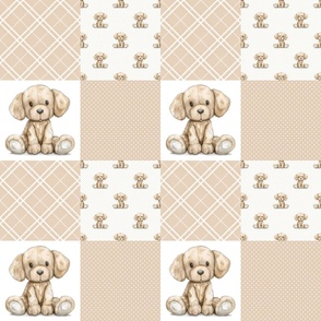 Bigger Patchwork Vintage Puppy Dog Nursery in Soft Neutral Tan Cheater Quilt Blanket 6 Inch Squares