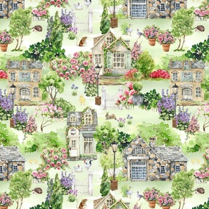 Large- Captivating Watercolor: Romantic Charming English Countryside Farm Life Depicted Through Hand-Painted Colorful Animals,Chickens Rooster Bunnies in the green Garden Village