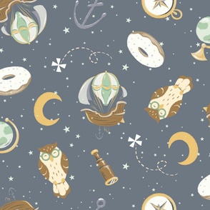 JUMBO // Imagination Society // Adventure Gear Constellations // Magical Kid // Sweet Dream Explorer // Star Donut Owl Flying Ship Crescent Moon Globe Compass Anchor Telescope X Marks The Spot // Navy Gouache