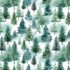 Large Abstract Handpainted Watercolor Winter Forest Landscape In Shades Of Green And White 1