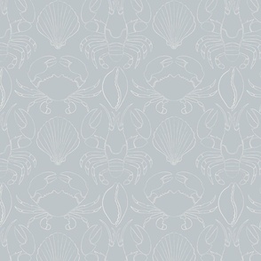 Monochrome Coastal Decor: Pale blue Crustacean Art with Hand-Drawn Marine Life