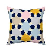 (L) cheerful simple stars in a geometric non directional arrangement - dark blue background 