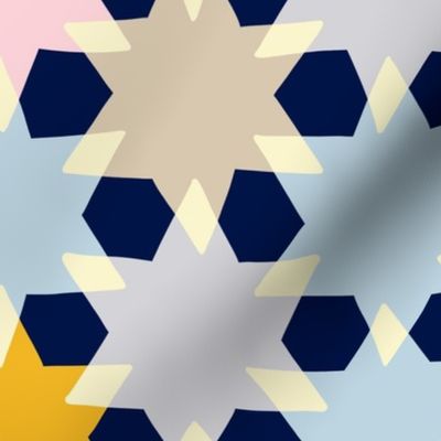(L) cheerful simple stars in a geometric non directional arrangement - dark blue background 