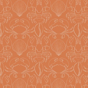 Monochrome Coastal Decor: Orange Crustacean Art with Hand-Drawn Marine Life