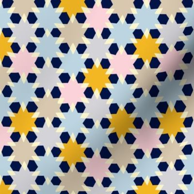 (S) cheerful simple stars in a geometric non directional arrangement - dark blue background