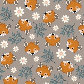 sweet foxes 2 two inch baby fox face tossed garden botanical in warm taupe stone grey gray kids childrens clothing and bedding
