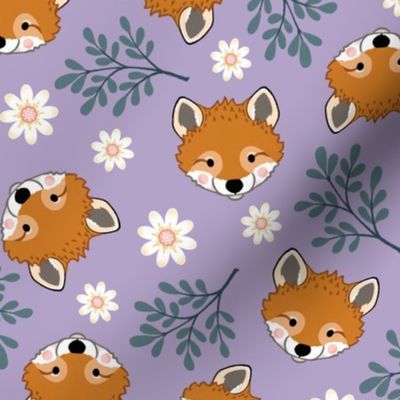 sweet foxes 2 two inch baby fox face tossed garden botanical in dusty plum light violet purple kids childrens clothing and bedding