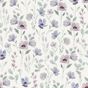 JUMBO // Watercolor Summer Flutter Lavender Indigo Flowers // Sage Green Leaves // Summertime Botanical Flora Nature // Cottagecore // Cream