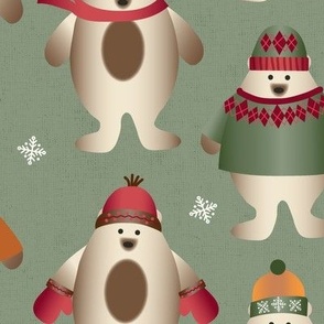 Chubby Bears in Winter Hats, Mittens and Sweaters on Evergreen Tint Ground Large Scale