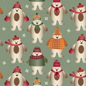 Chubby Bears in Winter Hats, Mittens and Sweaters on Evergreen Tint Ground Medium Scale