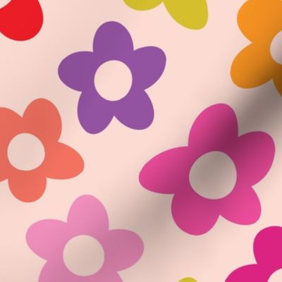 Retro Groovy Colorful  70s Hippie Flowers in orange, pink, red, purple and yellow 