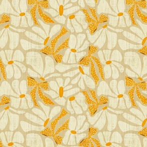 Retro Whimsy Daisy and Bows- Flower Power on Beige - Yellow Ribbons Eggshell Floral- Warm Neutrals- Regular Scale 