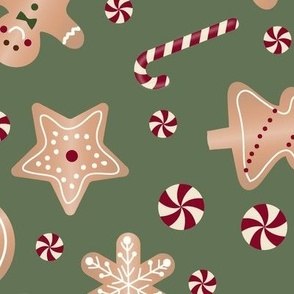 Christmas Cookies, Candy Canes and Peppermints Tossed on Evergreen Tint Ground Large Scale