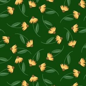 Jonquil Yellow Coneflower Daisy Summer Floral on Dark Forest Green