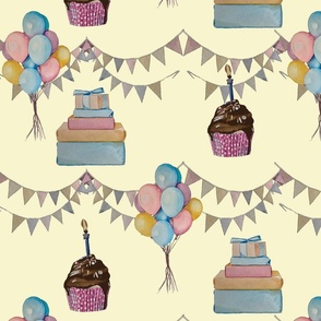 Gifts Balloons, Cupcakes, and Bunting on Light Yellow Background