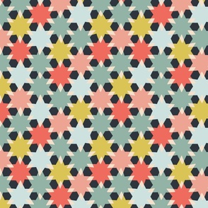 (M) cheerful simple stars in a geometric non directional arrangement - teal coral dark gray