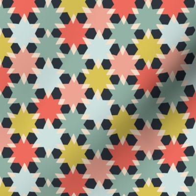 (S) cheerful simple stars in a geometric non directional arrangement - teal coral dark gray