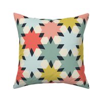 (L) cheerful simple stars in a geometric non directional arrangement - teal coral bright