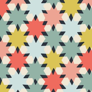 (L) cheerful simple stars in a geometric non directional arrangement - teal coral bright