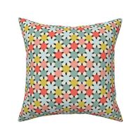 (S) cheerful simple stars in a geometric non directional arrangement - teal coral bright