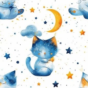 Cute Sleepy Cat Kitten Watercolor Kids Design Pattern Moon Stars Blue