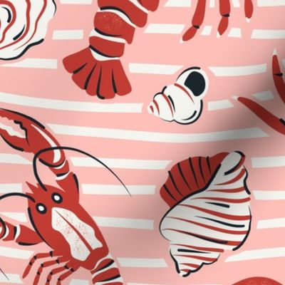 Crustacean Sea - Summer Nautical Shellfish Stripe Pink Red Large
