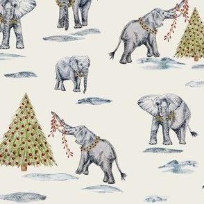 MEDIUM Christmas Elephants Decorating Christmas Trees - Playful Snowy Holiday Zoo Elephants Toile de Jouy on Neutral Cream