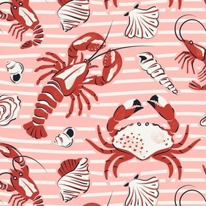 Crustacean Sea - Summer Nautical Shellfish Stripe Pink Red Regular