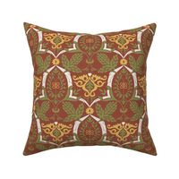 Spanish 14th Century Multicolor Damask, Green and Gold on Brick Red, Medium