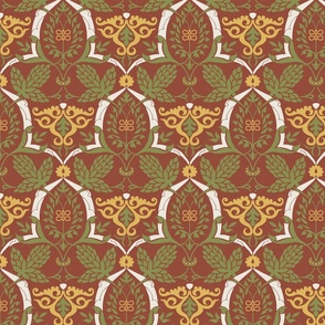 Spanish 14th Century Multicolor Damask, Green and Gold on Brick Red, Medium
