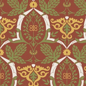 Spanish 14th Century Multicolor Damask, Green and Gold on Brick Red, Large